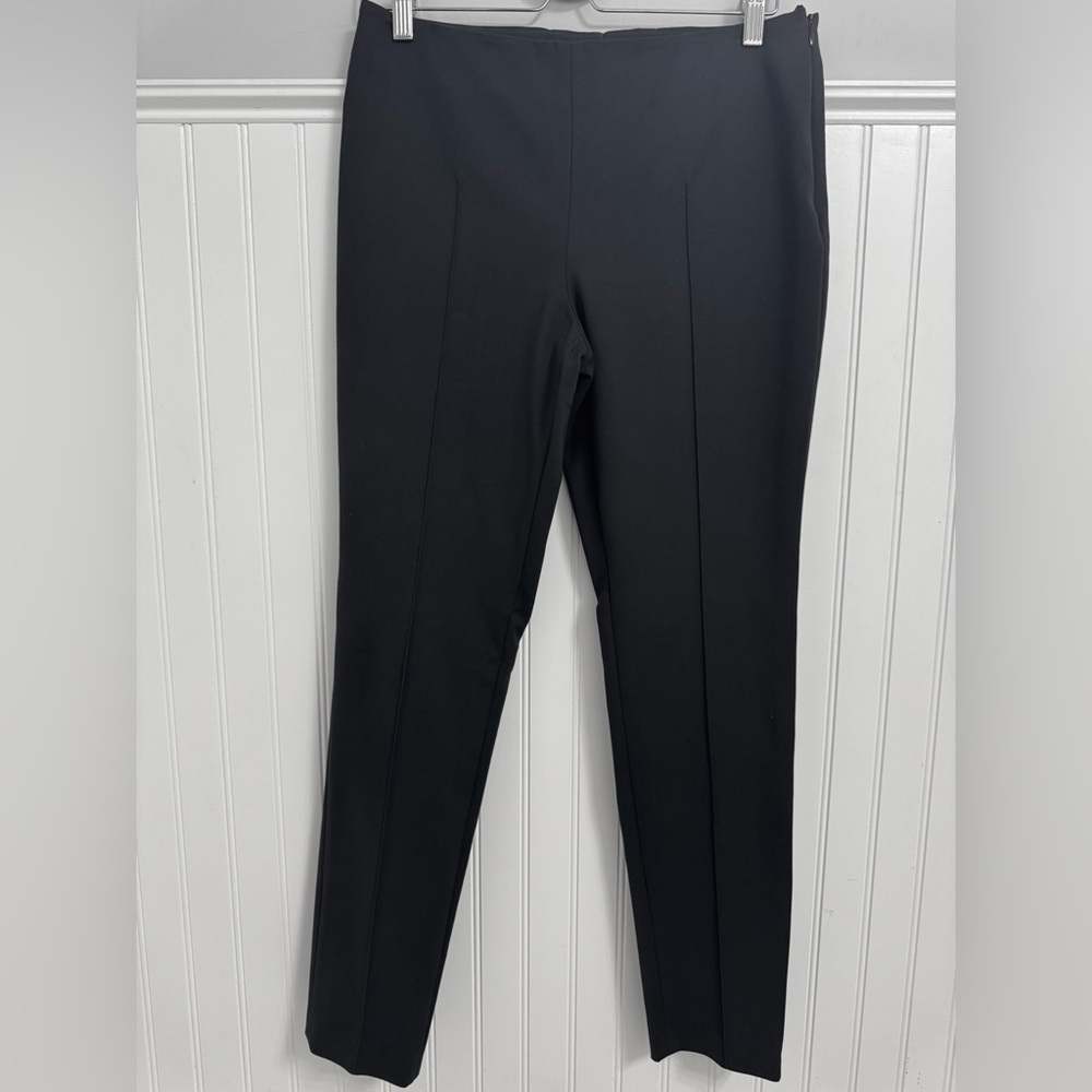 Akris Elegant Black Cotton Blend Stretch Flat Front Tapered Pant Side Zp Sz 8